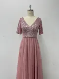Women's Elegant Short Sleeve Sequin Patchwork V-Neck A-Line Evening Gown