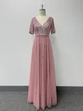 Women's Elegant Short Sleeve Sequin Patchwork V-Neck A-Line Evening Gown