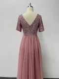 Women's Elegant Short Sleeve Sequin Patchwork V-Neck A-Line Evening Gown
