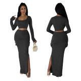 Fashionable Women's Ribbed Printed Long Sleeve Side Pockets Slit Two Piece Skirt Set