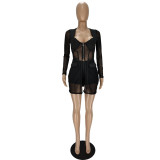Women Mesh See-Through Patchwork Zipper Top and Shorts Two-piece Set