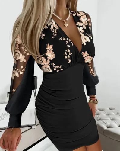Autumn V-Neck Solid Color Long-Sleeved Bodycon Dress For Women