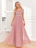 Women's Elegant Short Sleeve Sequin Patchwork V-Neck A-Line Evening Gown