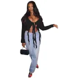 Women Autumn V Neck Tie Ruffle Edge Long Sleeve Top