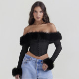 Women Autumn and Winter Furry Collar Off Shoulder Long Sleeve Crop Top