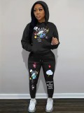 Women Autumn and Winter Velvet Printed Hoodies and Pant Two-piece Set