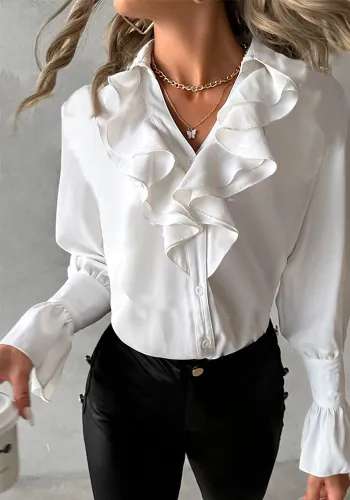 Autumn Fashion Ruffled Long Sleeve V-Neck Solid Color Women's Shirt