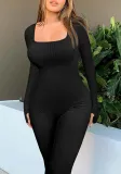 Women's Solid Color Long Sleeve Ribbed Square Neck Low Back Slim Fit Jumpsuit