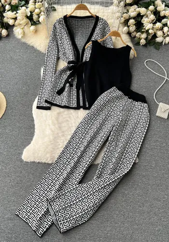 Trendy Printed Casual Suit Women's Knitted Cardigan V-Neck Basic Knitting Shirt Wide-Leg Pants Three-Piece Set
