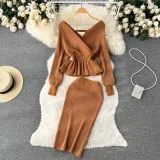 Autumn And Winter Style Suit For Women V-Neck Ruffled Short Knitting Shirt Bodycon Skirt Two-Piece Set