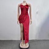 Fashion Women's Solid Color Mesh Straps Slit Long Dress