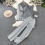 Trendy Printed Casual Suit Women's Knitted Cardigan V-Neck Basic Knitting Shirt Wide-Leg Pants Three-Piece Set