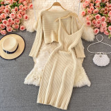 Women retro chic knittingv collar Top and Bodycon Dress two-piece set