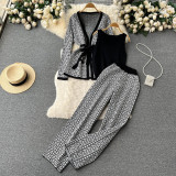 Trendy Printed Casual Suit Women's Knitted Cardigan V-Neck Basic Knitting Shirt Wide-Leg Pants Three-Piece Set