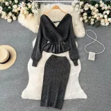Autumn And Winter Style Suit For Women V-Neck Ruffled Short Knitting Shirt Bodycon Skirt Two-Piece Set