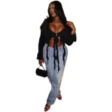 Women Autumn V Neck Tie Ruffle Edge Long Sleeve Top
