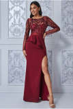 Women Elegant Long Sleeves Sequins Slit Evening Dress