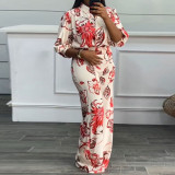 Sexy Printed Turndown Collar Long Sleeve Tp And Wide Leg Pants Two Piece Set