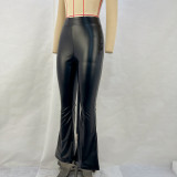 Women winter pu Leather Bell Bottom trousers