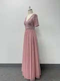 Women's Elegant Short Sleeve Sequin Patchwork V-Neck A-Line Evening Gown