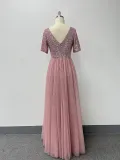 Women's Elegant Short Sleeve Sequin Patchwork V-Neck A-Line Evening Gown