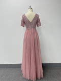 Women's Elegant Short Sleeve Sequin Patchwork V-Neck A-Line Evening Gown