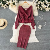 Autumn And Winter Style Suit For Women V-Neck Ruffled Short Knitting Shirt Bodycon Skirt Two-Piece Set