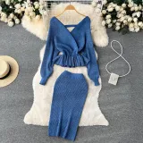 Autumn And Winter Style Suit For Women V-Neck Ruffled Short Knitting Shirt Bodycon Skirt Two-Piece Set