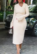 Spring And Autumn White Long Sleeve Solid Color Long Bodycon Dress