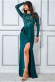 Women Elegant Long Sleeves Sequins Slit Evening Dress