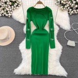 Autumn And Winter Sexy Long Sleeve Round Neck Hollow Slim Waist Slim Fit Knitting Bodycon Basic Dress