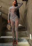 Spring Summer Long-Sleeved Striped Mesh Print Top Sexy Bodycon Slim Fit Tight Fitting Trouser Two Piece Set