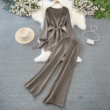 Women autumn lace-up long-sleeved knitting cardigan jacket and loose wide-leg pants two-piece set