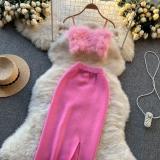 Sexy Suit For Women Straps Fur Top Long Bodycon Slit Knitting Skirt Two-Piece Set