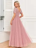Women's Elegant Short Sleeve Sequin Patchwork V-Neck A-Line Evening Gown