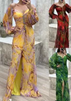 Women party pleated long sleeve dress