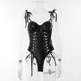 Women Lace-up PU-Leather Jumpsuit Sexy Lingerie