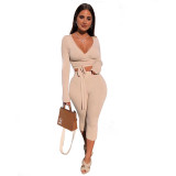 Autumn And Winter Plus Size Women's Solid Color Long Sleeve 7-Point Pants Sexy Casual Two Piece Set