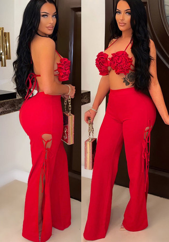 Women's Fashionable And Sexy Bra Top Lace-Up Bell Bottom Pants Two Piece Set