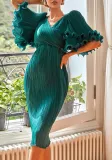 Womens Green Chic Cross Texture Design Bell Bottom Sleeve Party Dress