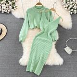 Autumn And Winter French Chic Beaded High-Waisted Sweater Dress Knitting Shirt Two-Piece Set