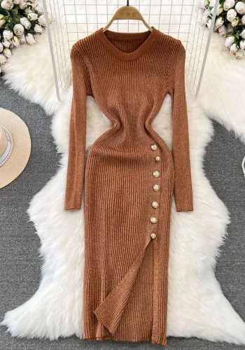 Fashion Chic Long Sleeve Round Neck Slim Waist Slim Fit Maxi Slit Silk Knitting Bodycon Basic Dress