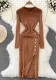 Fashion Chic Long Sleeve Round Neck Slim Waist Slim Fit Maxi Slit Silk Knitting Bodycon Basic Dress