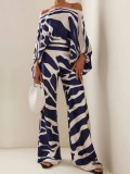 Summer Women's Printed Off Shoulder Top Slim Fit Wide Leg Pants Casual Chic Two Piece Set