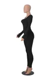 Women's Solid Color Long Sleeve Ribbed Square Neck Low Back Slim Fit Jumpsuit