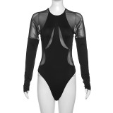 Autumn And Winter Women's Round Neck Long Sleeve Sexy See-Through Mesh Patchwork Slim Fit Bodysuit