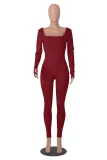Women's Solid Color Long Sleeve Ribbed Square Neck Low Back Slim Fit Jumpsuit