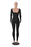 Women's Solid Color Long Sleeve Ribbed Square Neck Low Back Slim Fit Jumpsuit