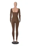 Women's Solid Color Long Sleeve Ribbed Square Neck Low Back Slim Fit Jumpsuit