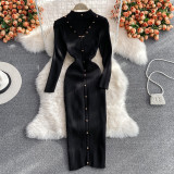 Long-Sleeved Halter Neck V-Neck Stretch Knitting Dress Autumn And Winter Chic Tight Fitting Bodycon Basic Long Dress